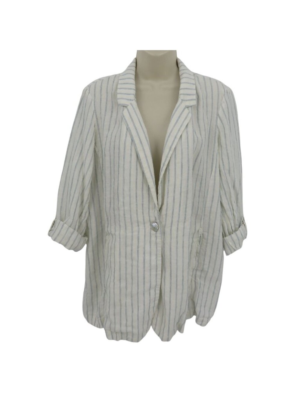 C&C California Women Large White Blue Vertical Stripe Linen Blazer Jacket Coat